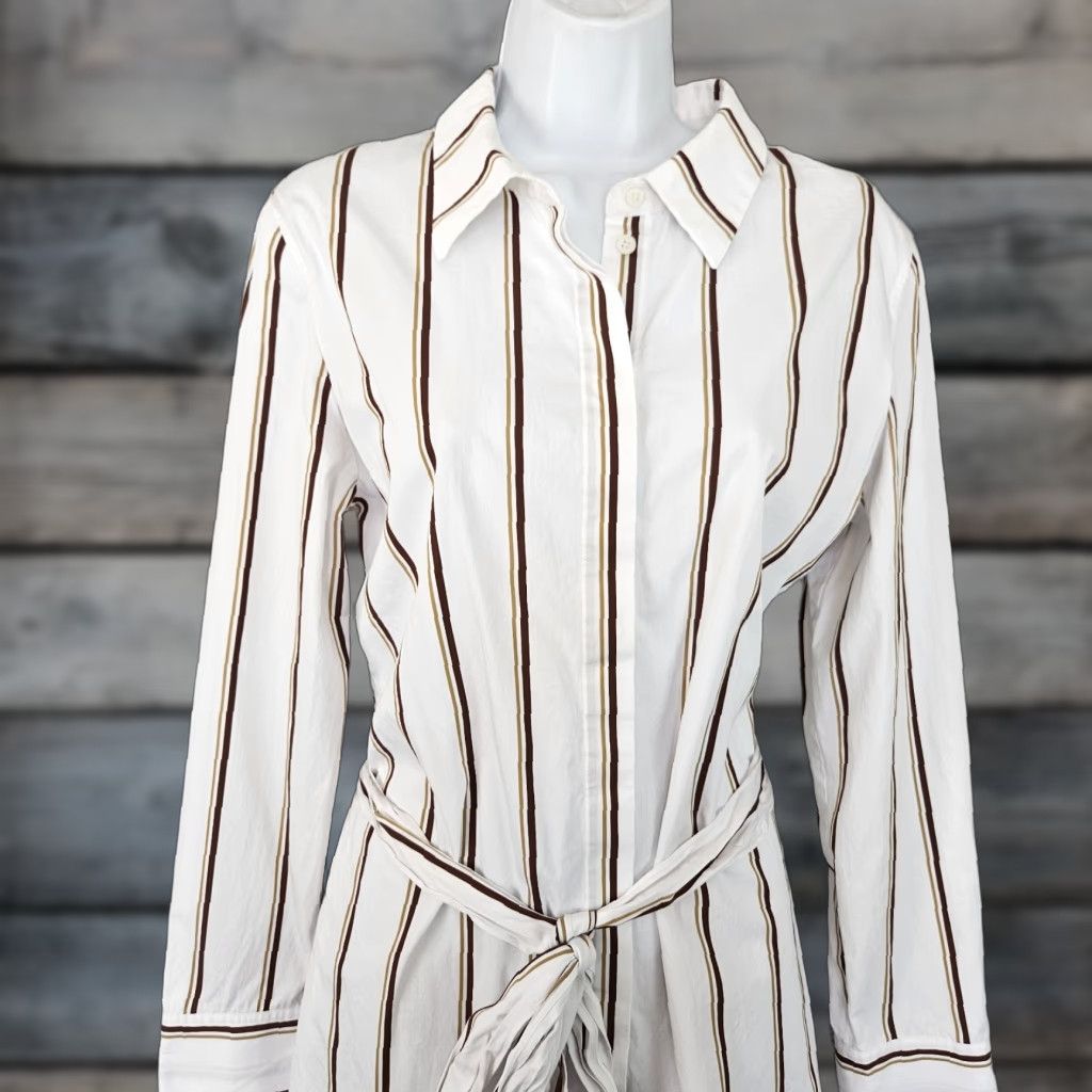 Lafayette 148 Womens Button-Up Top Sz L White Brown Stripe Belted Cotton Shirt Adult Large White/Brown Stripe Belted Button-Up Womens