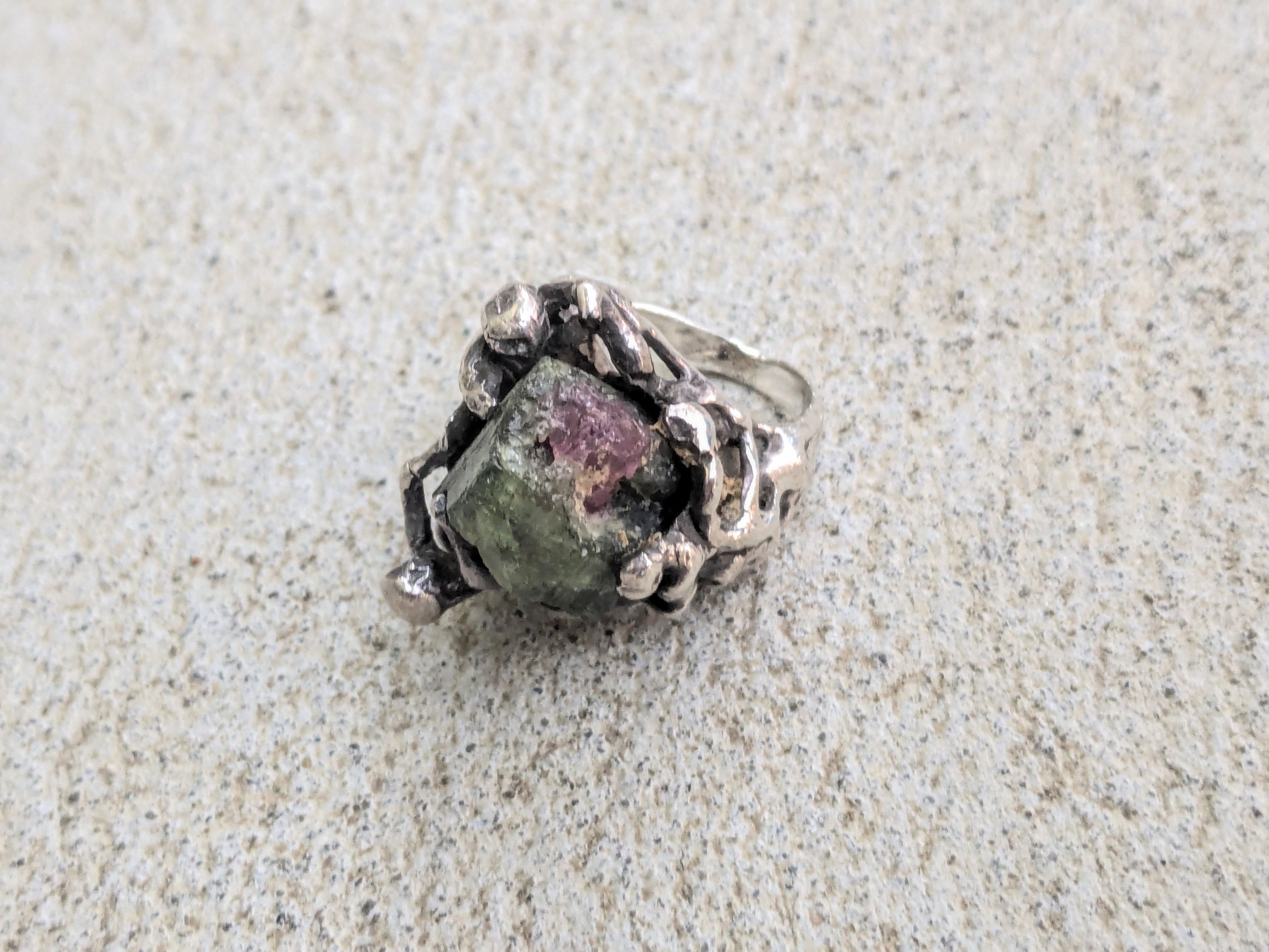 Vintage Vintage Sterling Silver Ring Watermelon Tourmaline Brutalist Size ONE SIZE - 3 Thumbnail