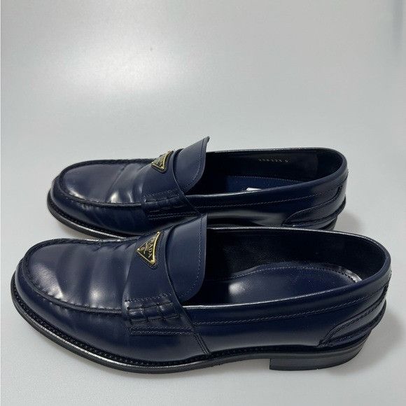 Prada Prada Brushed Leather Triangle Logo Loafers Blue Gold Men’s Size US 9 / EU 42 - 2 Thumbnail