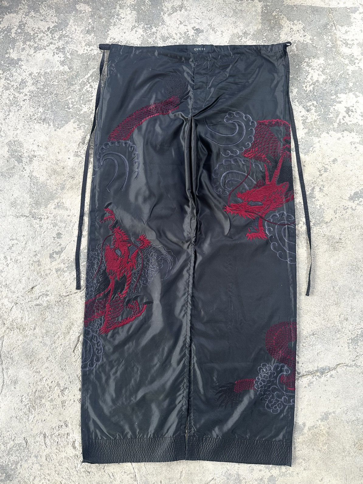 image of Gucci x Tom Ford Dragon Embroidered Silk Wide Leg Karate Pants in Black, Men's (Size 36)