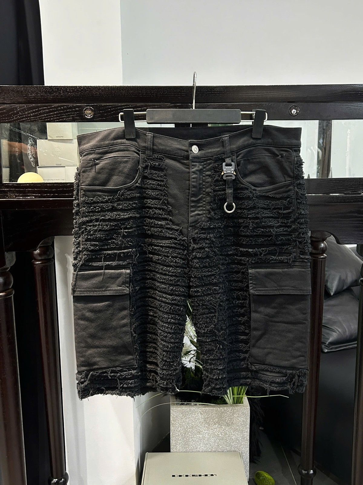 1017 ALYX 9SM ALYX BLACKMEANS BLACK SHREDDED DENIM SHORTS Size US 34 / EU 50 - 1 Thumbnail