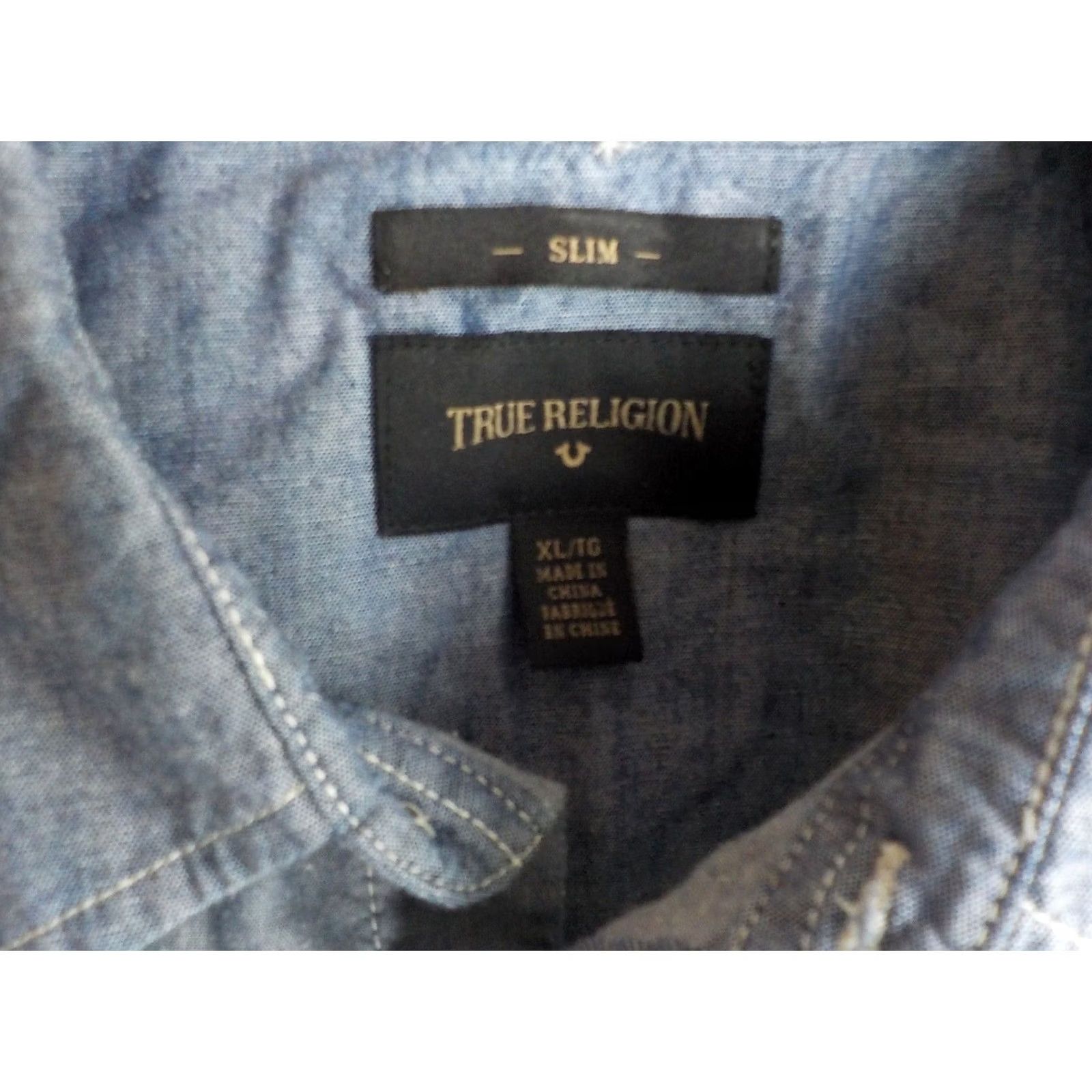 True Religion TRUE RELIGION Chambrays Shirt XL Slim Button-Up Patchwork Blues Cotton Size US XL / EU 56 / 4 - 6 Thumbnail