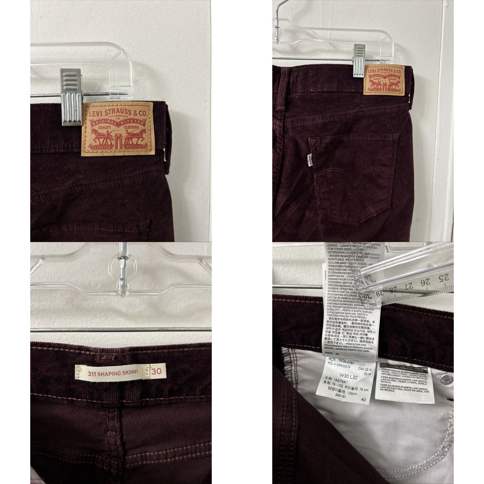Levi's VINTAGE? No. Levis 311 Shaping Skinny Corduroy Pants Womens 30x29 Burgundy White Tab Trousers Size 30" / US 8 / IT 44 - 8 Thumbnail