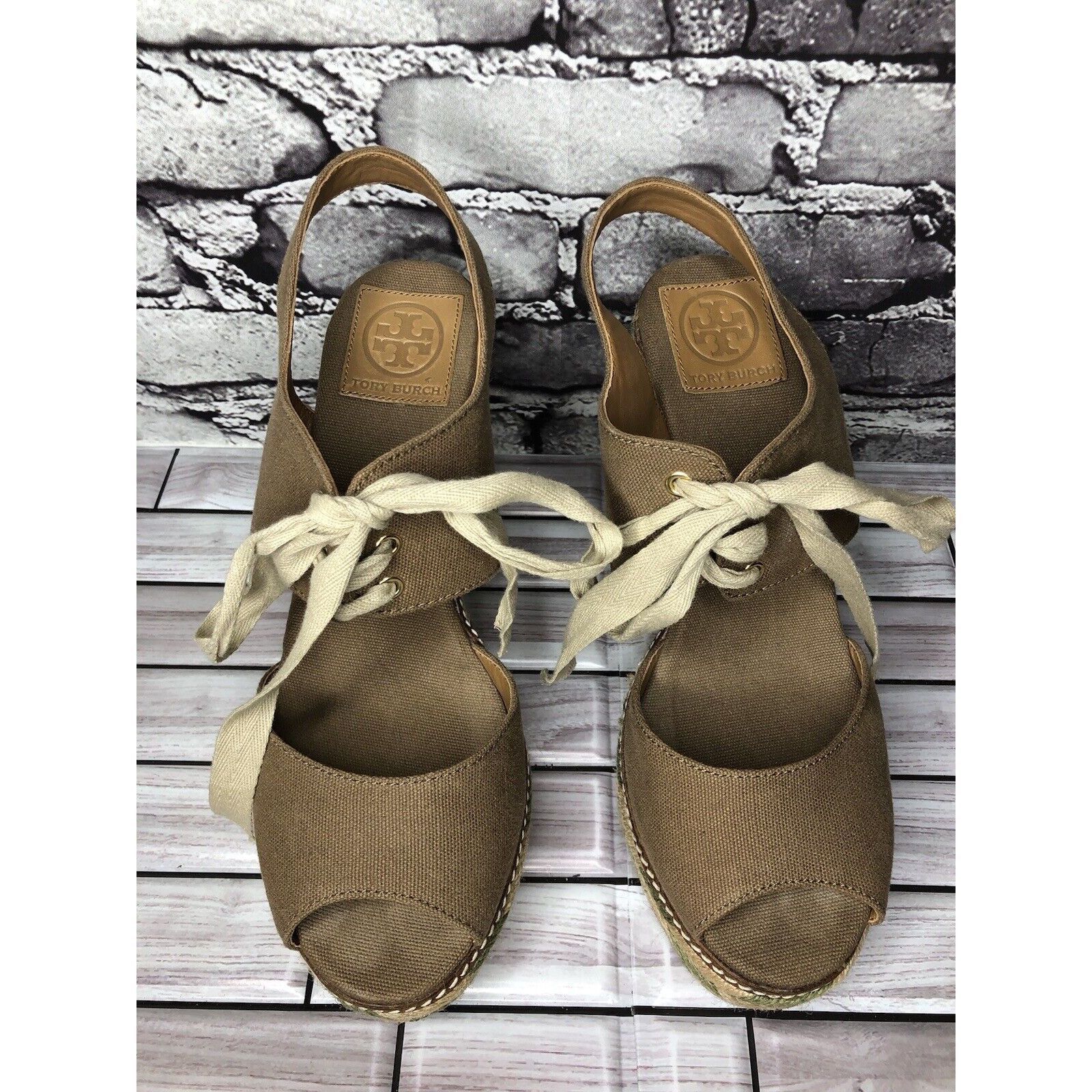 Tory Burch Tory Burch Taupe Canvas Textile Green Tan Espadrilles Wedge Size US 10 / IT 40 - 15 Thumbnail