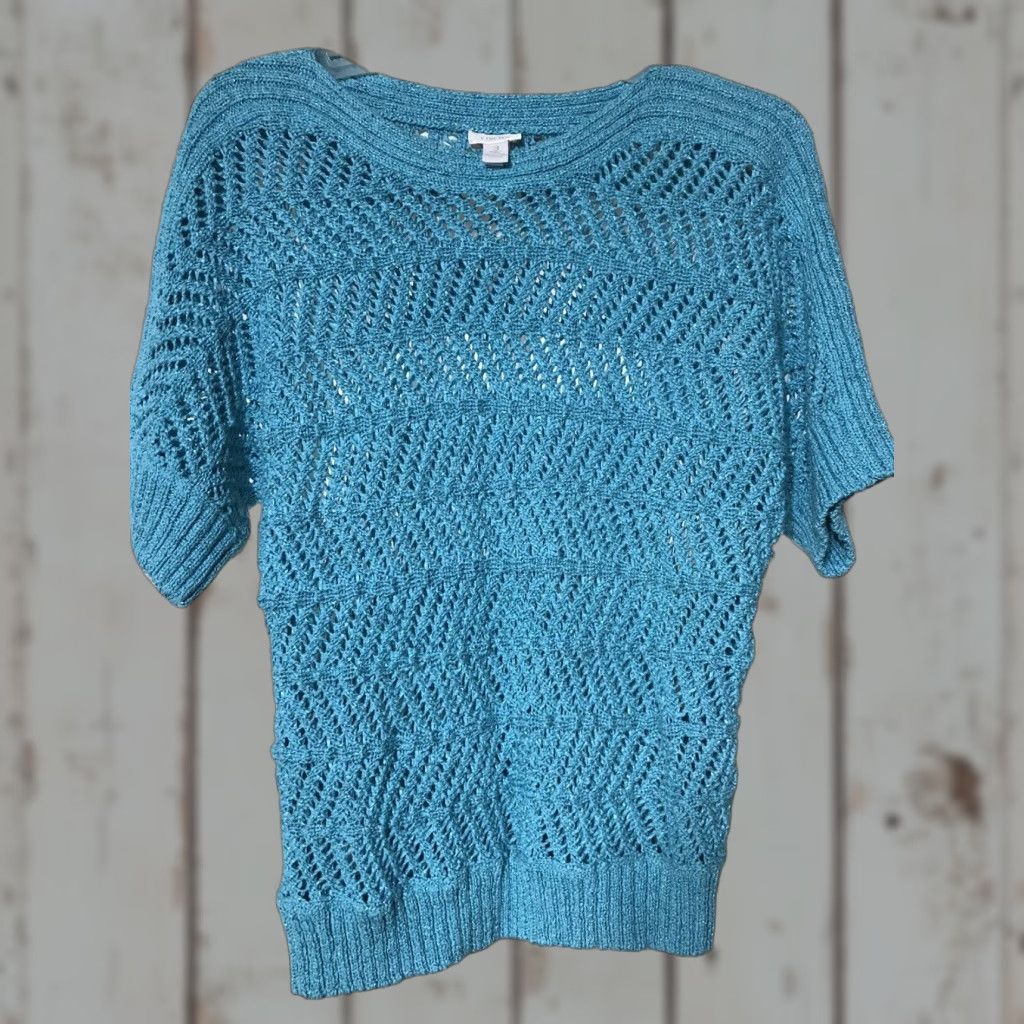 Vintage CHICOS Sweater Shirt Open Knit Textured Short Sleeve Dolman Woman Size 3/XL Blue Knitwear Pullover Size XS / US 0-2 / IT 36-38 - 1 Thumbnail