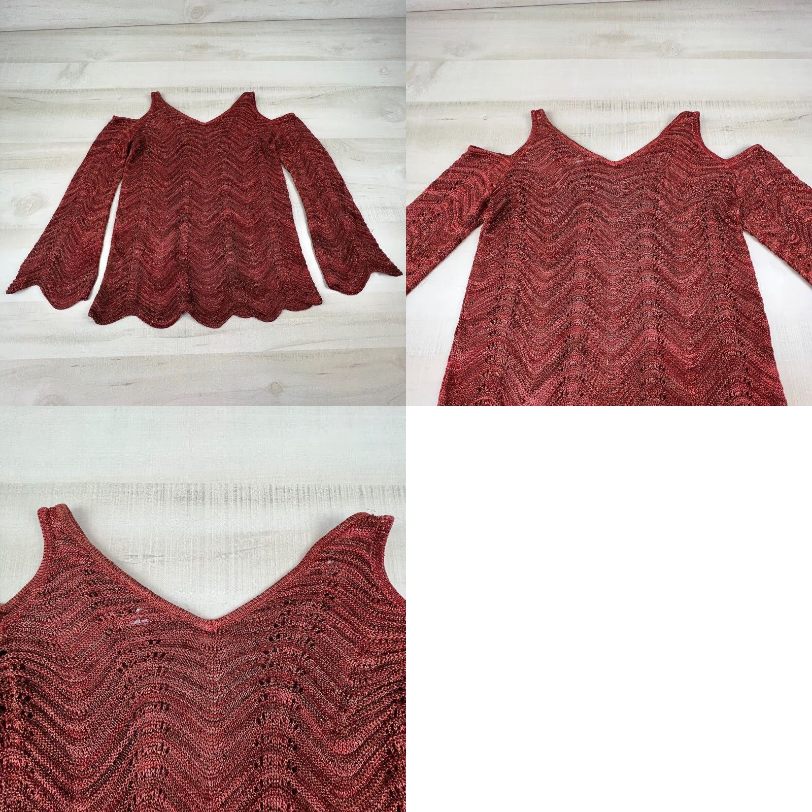 Vintage INC Womens Sweater Small Extra Large Brown Cold Shoulder Wave Knit V Neck Shimmer Casual Size S / US 4 / IT 40 - 8 Thumbnail