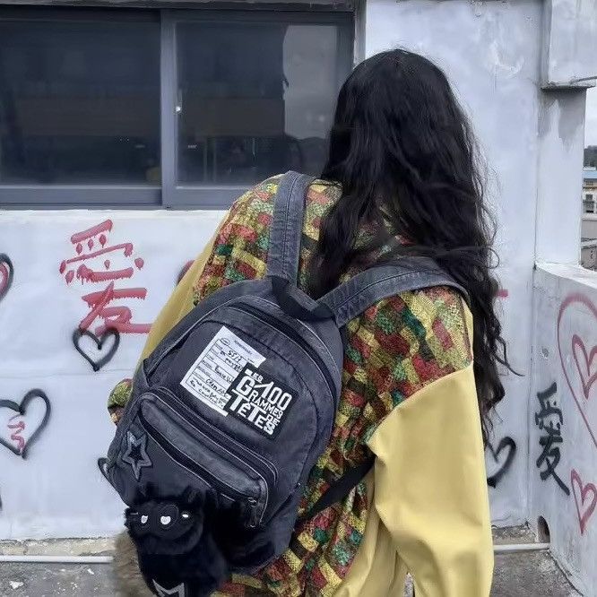 Japanese Brand Cartoon Washed Punk Goth Capacity Canvas School Backpack Bag Size ONE SIZE - 7 Thumbnail