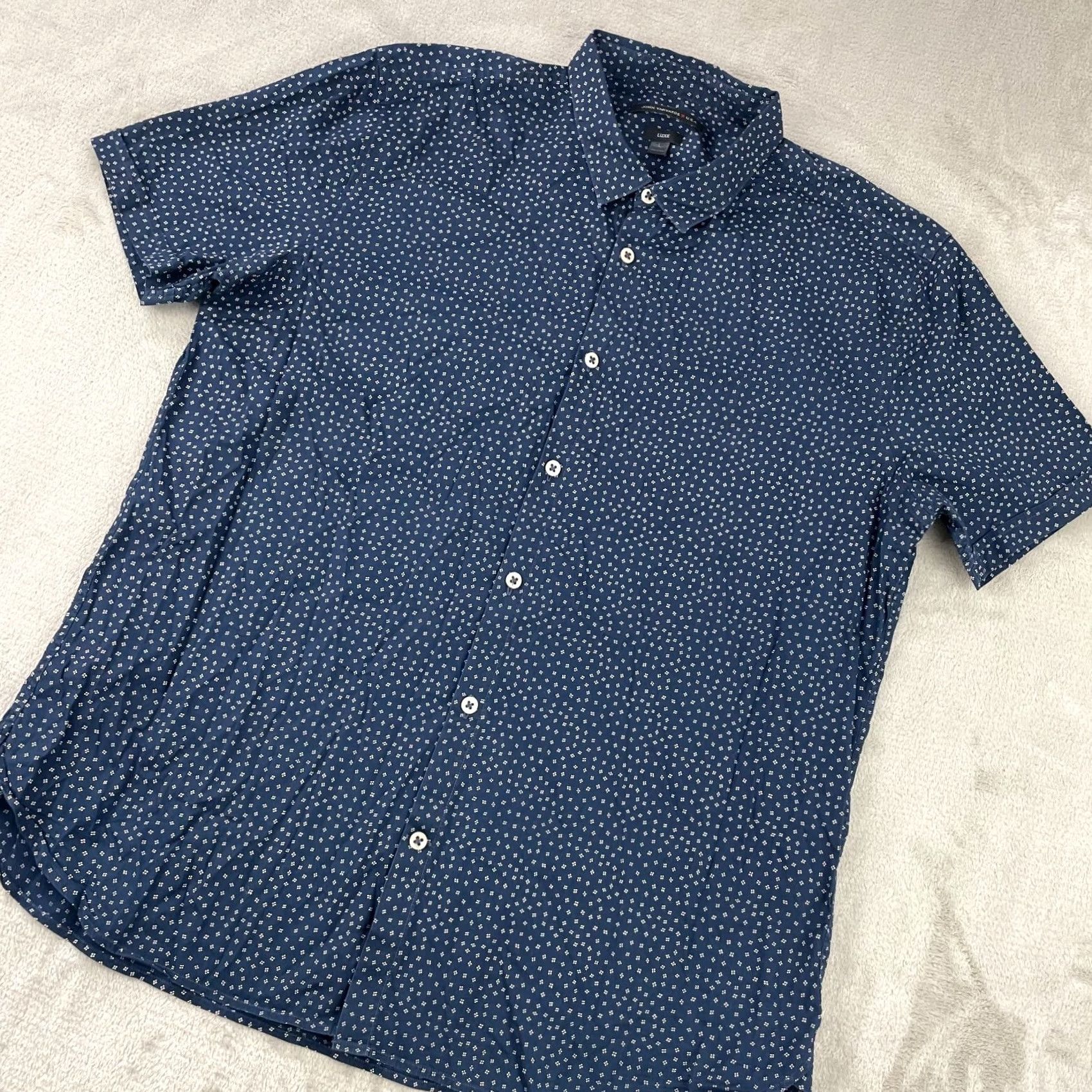 John Varvatos John Varvatos Luxe Shirt Men L Navy Geometric Slim Short Sleeve Button-Up Collared Twill Cotton Spandex Size US L / EU 52-54 / 3 - 4 Thumbnail