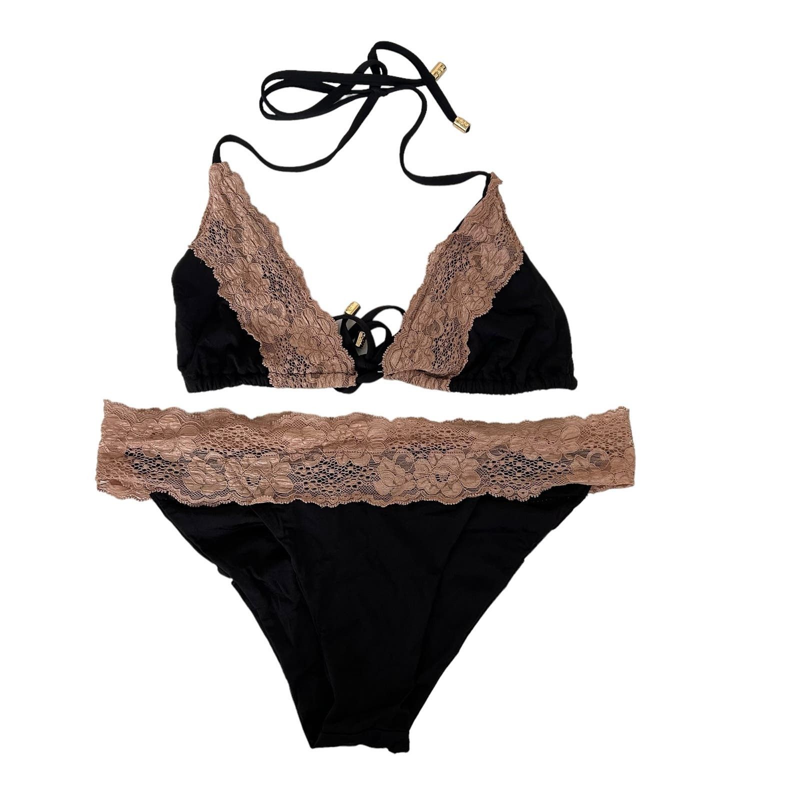 image of Beach Bunny Black Tan Lady Lace Bikini Bathing Suit Size M, Women's