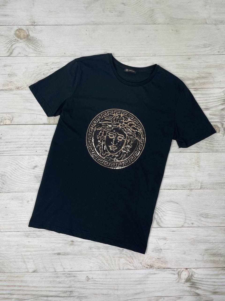 Image of Versace Big Logo Medusa Sequins T-Shirt Luxury in Black, Men's (Size XL)