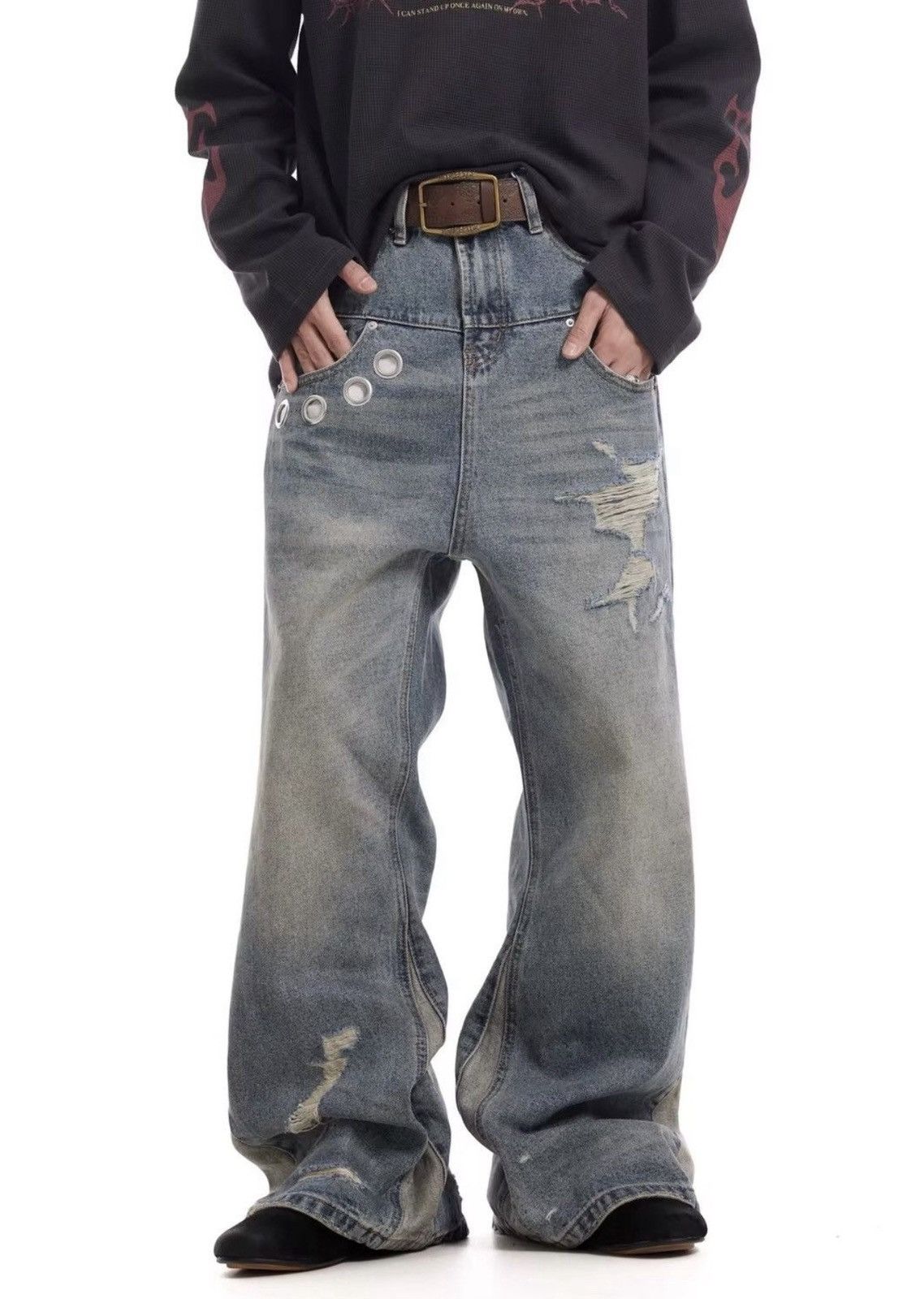 Jean Vintage Washed Distressed Splicing Flared Jeans Size US 30 / EU 46 - 1 Thumbnail