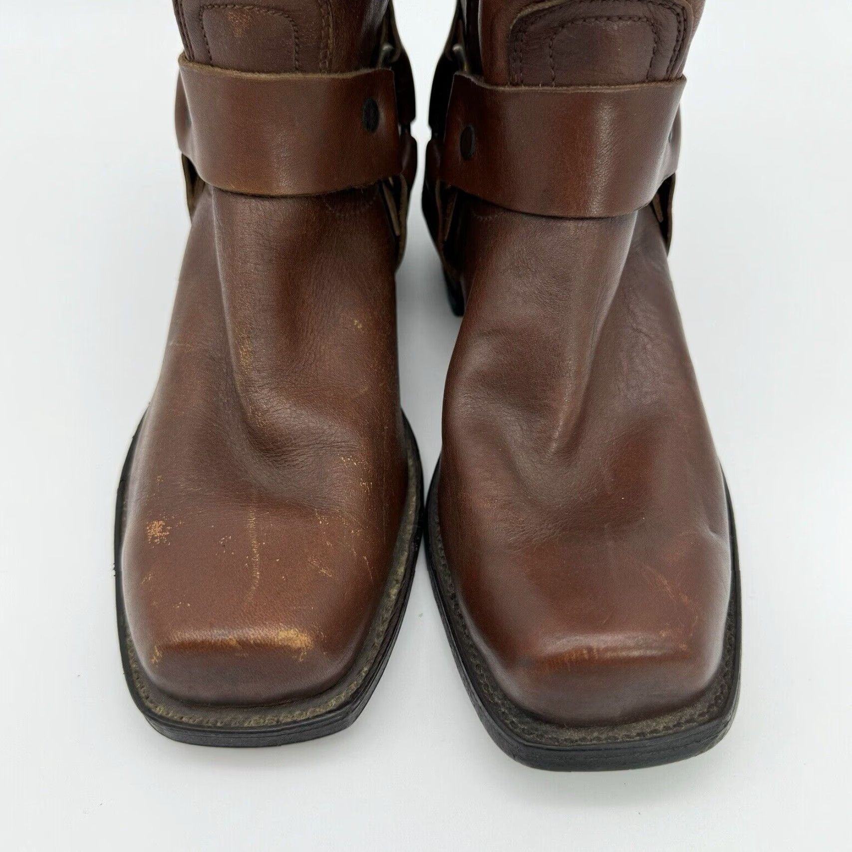 Vintage VINTAGE 60s 70s Harness Cowboy Boots Square Toe Engineer Stacked Heel Men’s 7.5 Brown Leather Size US 8 / EU 41 - 3 Thumbnail