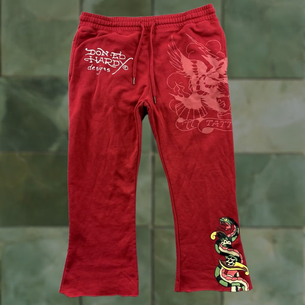 Ed Hardy Ed Hardy Sweatpants Women Large Red Wide-Leg Fleece Logo Pockets Y2K Skull Tattoo Heart Casual Relaxed Pants Size 36" / US 14 / IT 50 - 1 Thumbnail