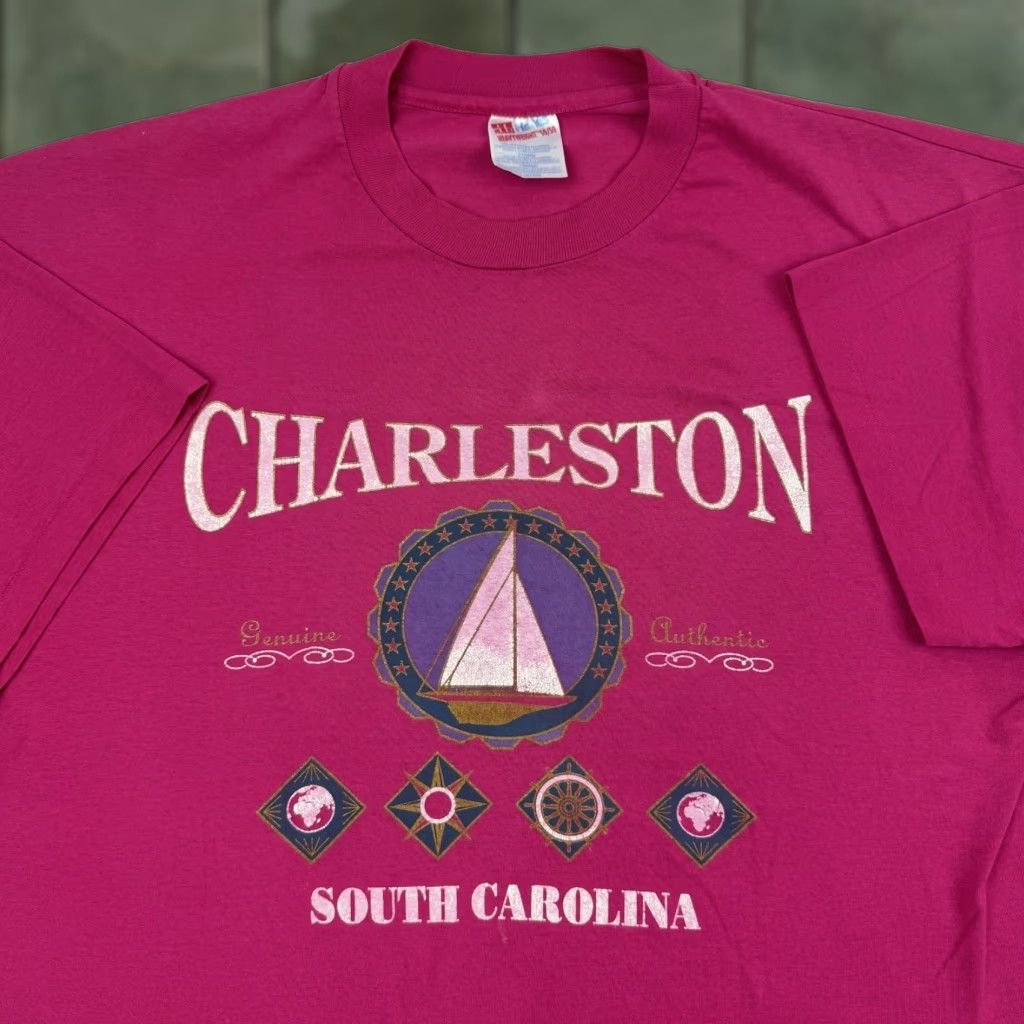 Hanes VINTAGE Hanes T-Shirt Charleston South Carolina Nautical 90s Pink XL Mens Short Sleeve Crew Neck Shirt Adult XL Pink Nautical 90s Charleston USA Men Size US XL / EU 56 / 4 - 1 Thumbnail