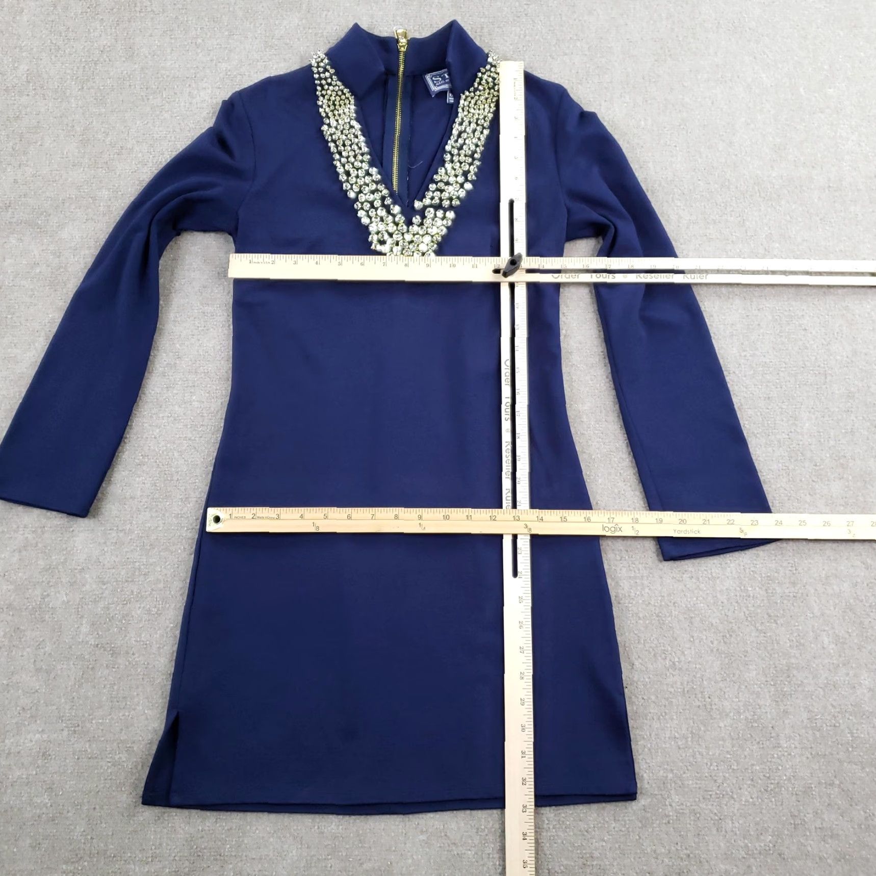 Vintage Sail to Sable Dress Womens XXS Navy Beaded Neckline Long Sleeve Shift Mini Size XXS / US 00 / IT 34 - 2 Thumbnail