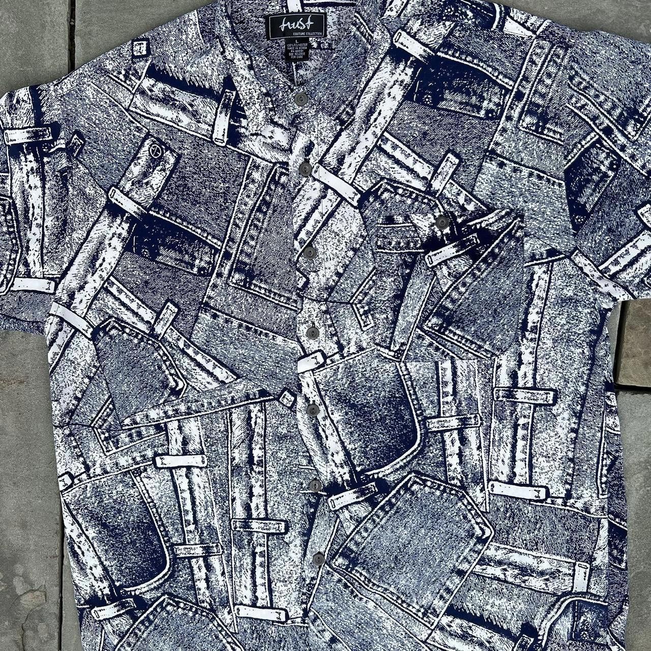Trussardi Vintage 90s Trompe L’oeil Jeans Pattern Club Shirt Size US L / EU 52-54 / 3 - 4 Thumbnail