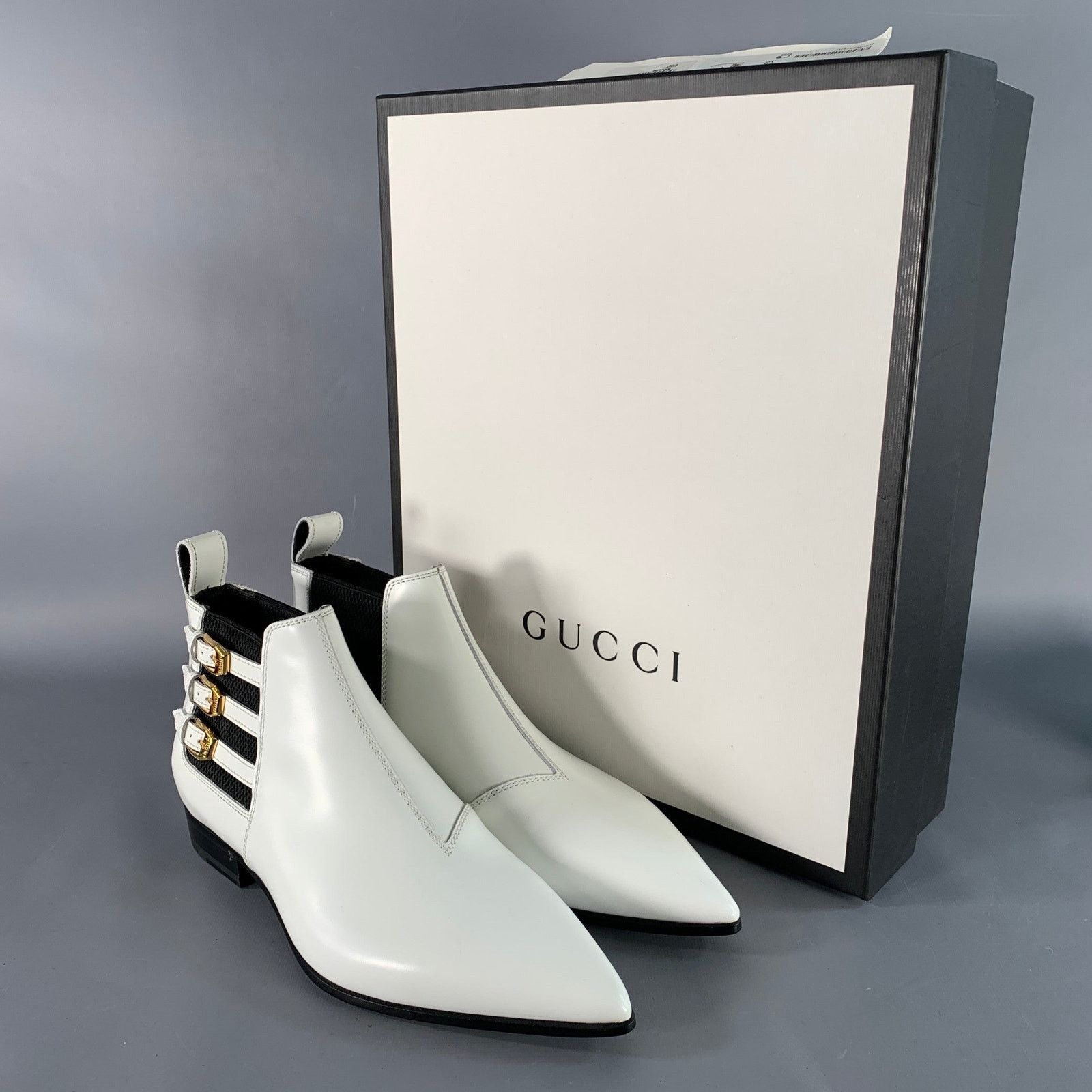 Gucci White Black Gold Leather Pointed Toe Pull On Ankle Boots Size US 8 / IT 38 - 8 Thumbnail