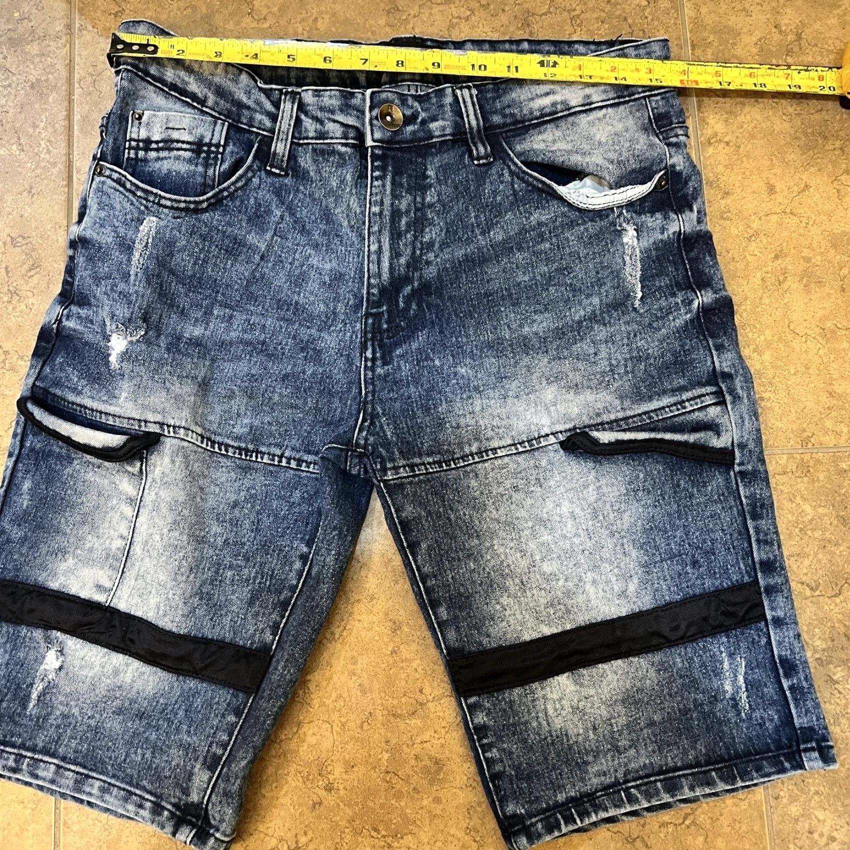 Southpole Southpole Blue Jean Shorts - Slim 32 - Distressed - Black Stripes - Men’s - Denim Front Zip Casual 90s Hip Hop Grunge Jeans Shorts Mens Size US 32 / EU 48 - 5 Thumbnail
