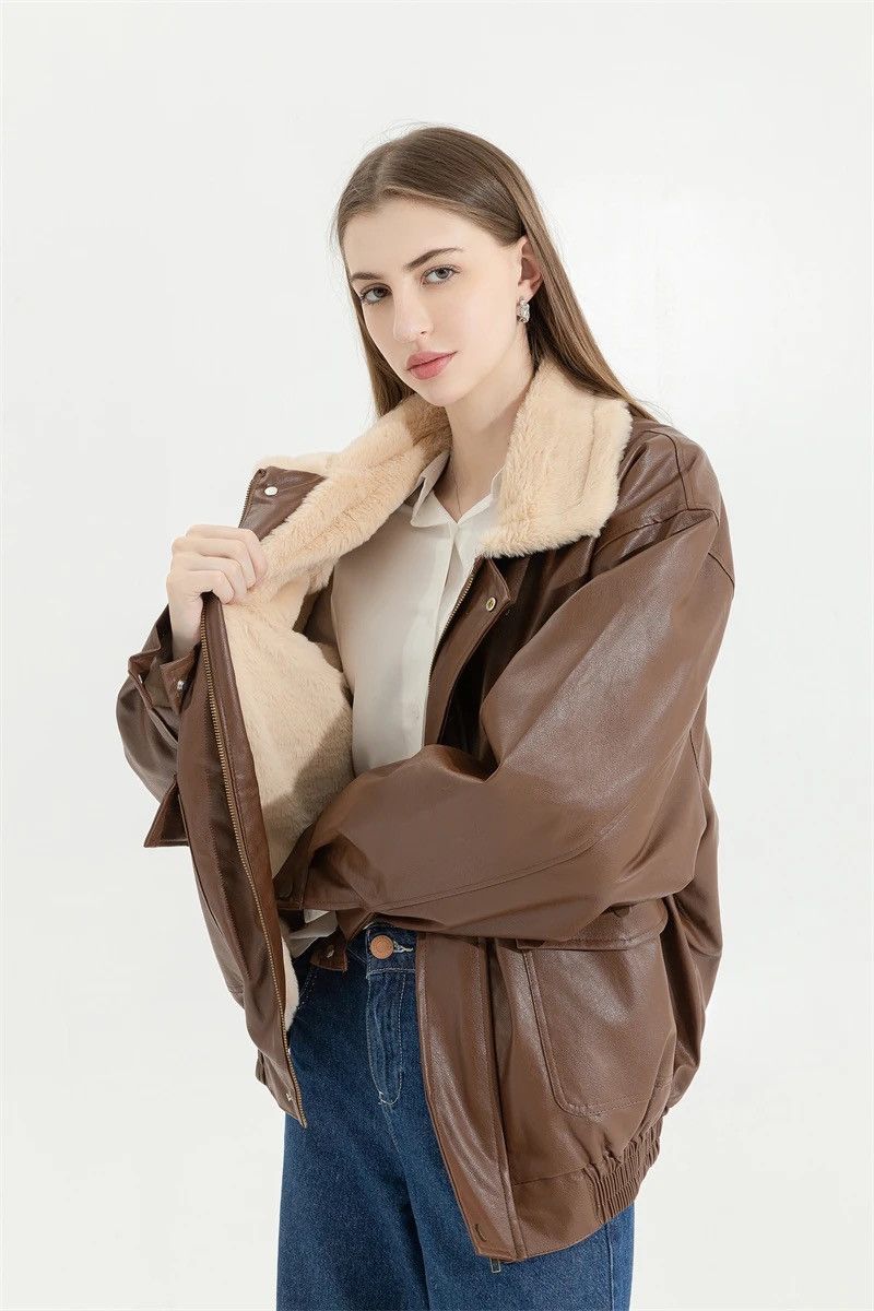 Other Winter Fur PU Leather Vintage Motorcycle Jacket Coat Unisex Size ONE SIZE - 5 Thumbnail