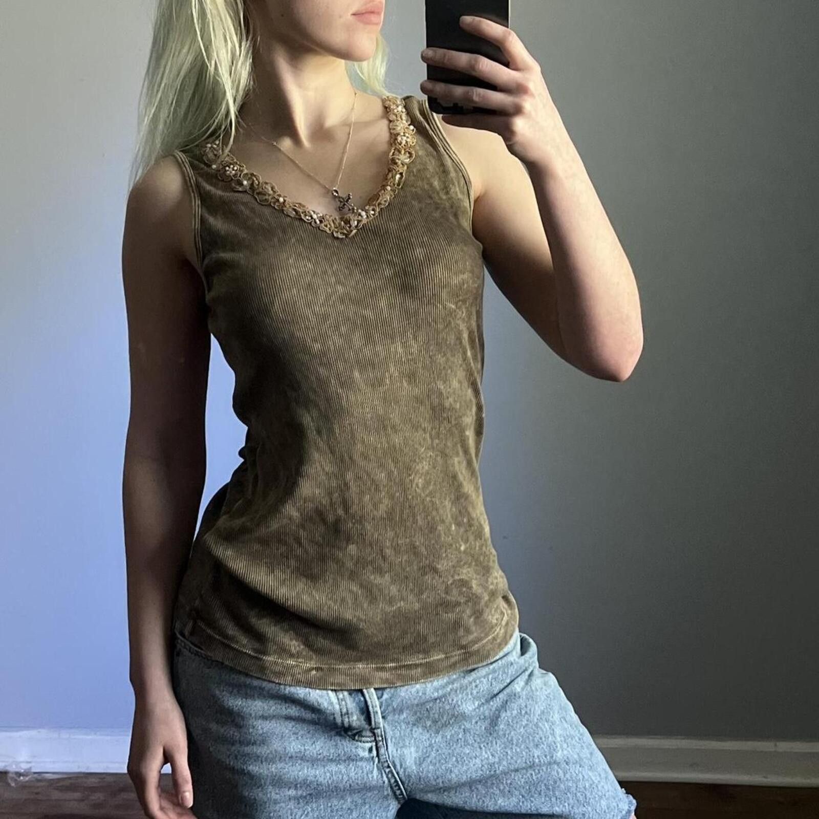 Other Vintage y2k brown lace tank top with beaded neckline Size L / US 10 / IT 46 - 1 Thumbnail