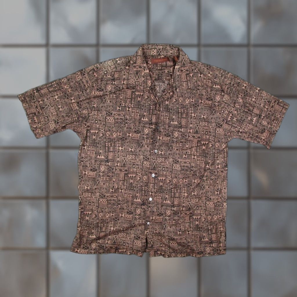 Tori Richard TORI RICHARD Men's Hawaiian Button-Up Shirt Medium Brown Cotton Lawn Geometric Print Retro Tropical Size US M / EU 48-50 / 2 - 1 Thumbnail