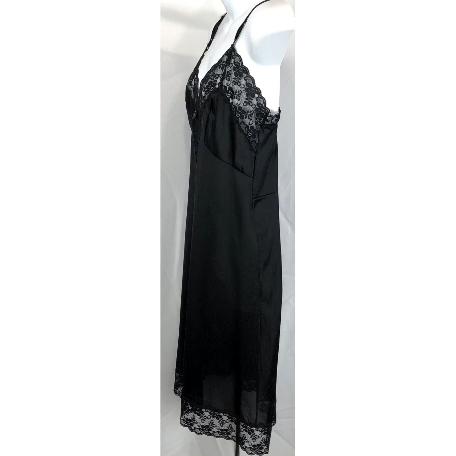 Vintage Vintage Slipfection Satin Lace Slip Lingerie Gown M Black 80s Whimsy Coquette Eveningwear Size ONE SIZE - 3 Thumbnail