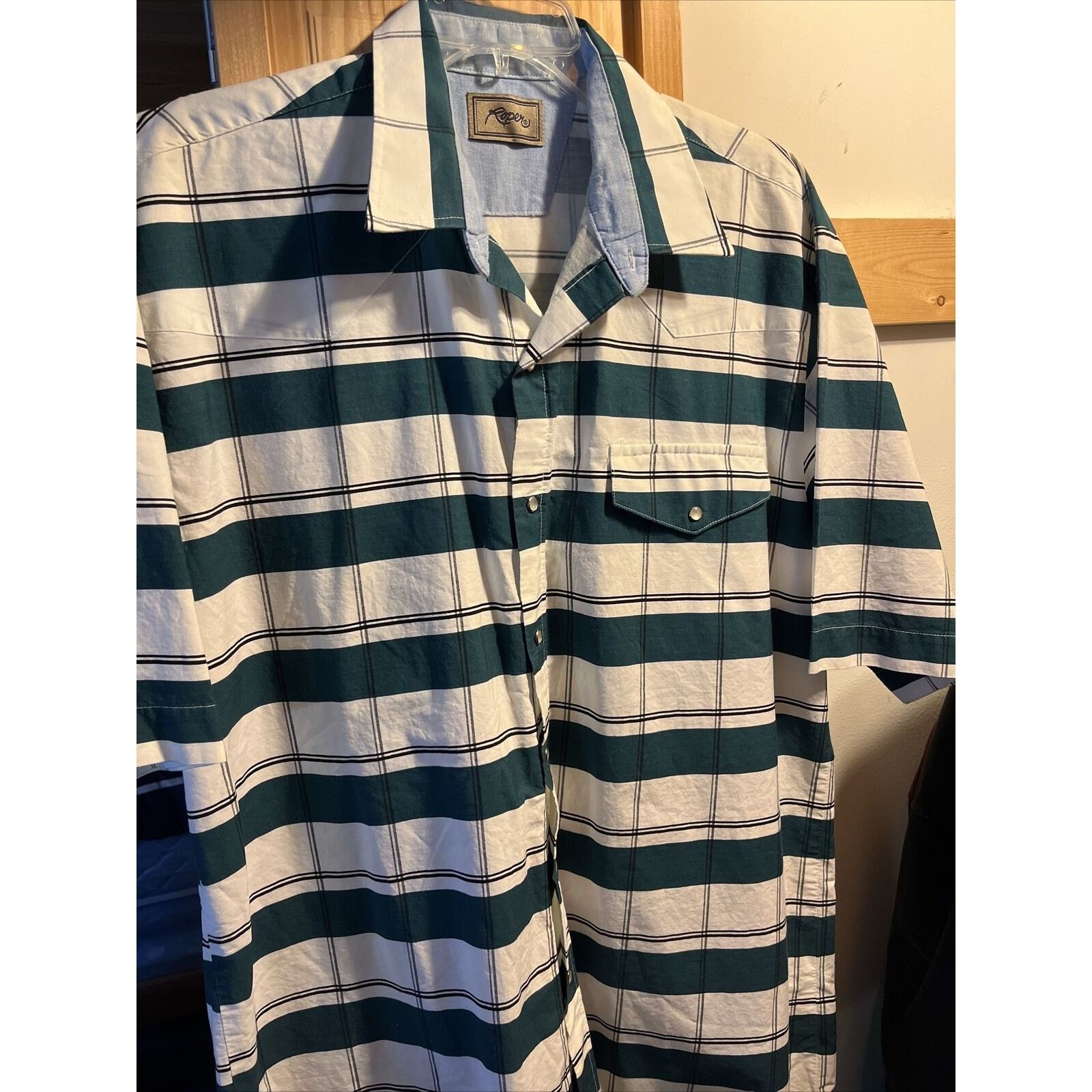 Roper Roper Men’s XL White Green Striped Pearl Snap Cotton Shirt Size US XL / EU 56 / 4 - 7 Thumbnail
