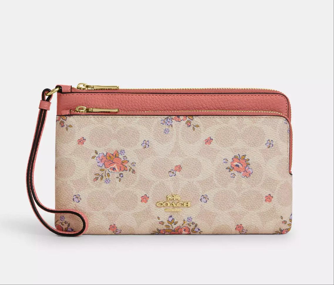 Coach Double Zip Wallet In Signature Canvas With Floral CAY49 Size ONE SIZE - 6 Thumbnail