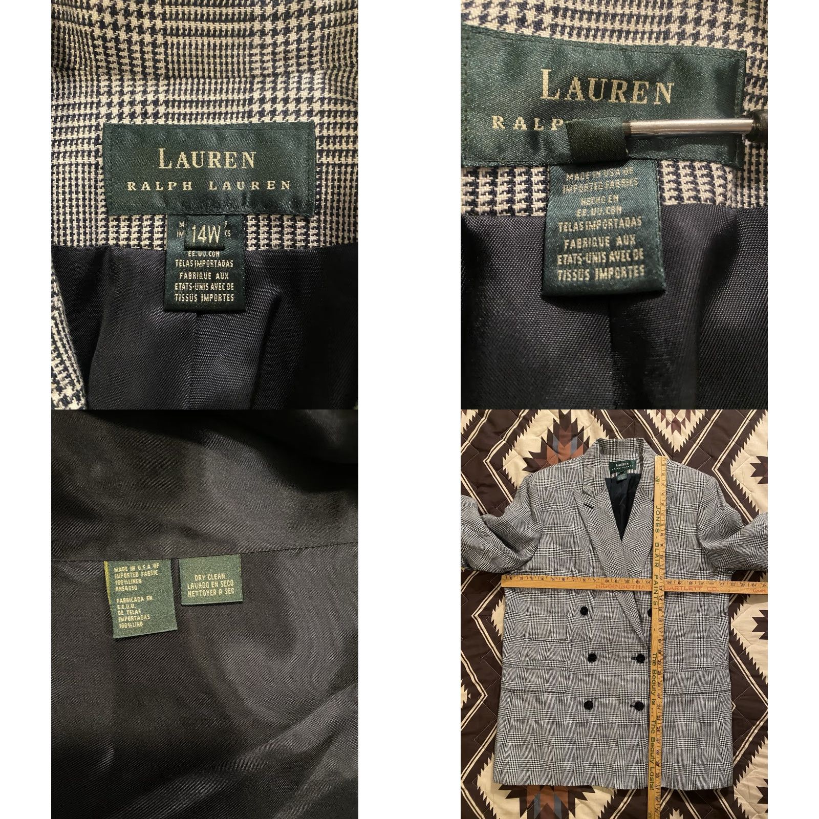 VINTAGE Lauren Ralph Lauren Blazer Women’s Double Breasted 14W 100% Linen Houndstooth Multicolor