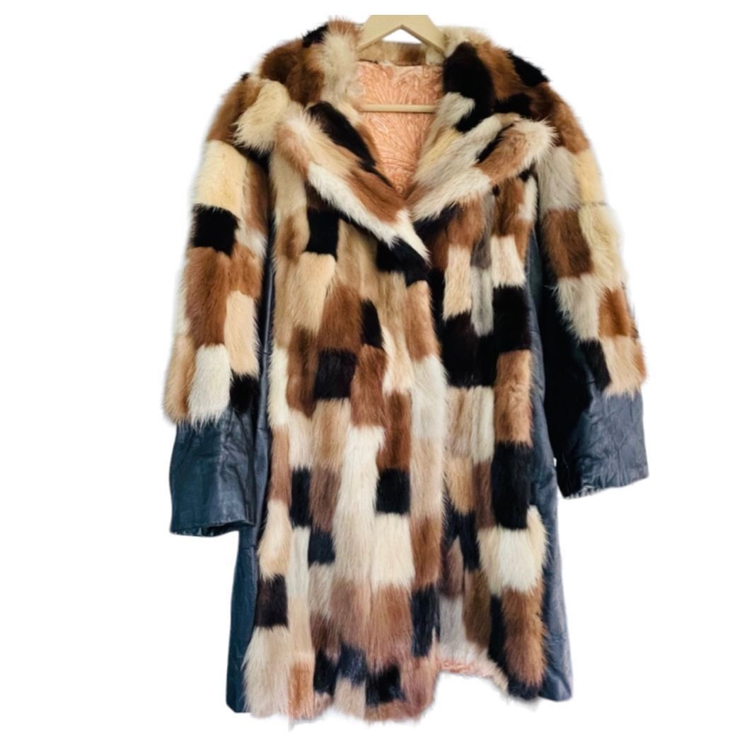 Vintage FUR COAT Genuine Y2K Vintage Rabbit Fur Leather Patchwork Long Belted Winter Coat Jacket Size XL / 14-16 Size L / US 10 / IT 46 - 1 Thumbnail
