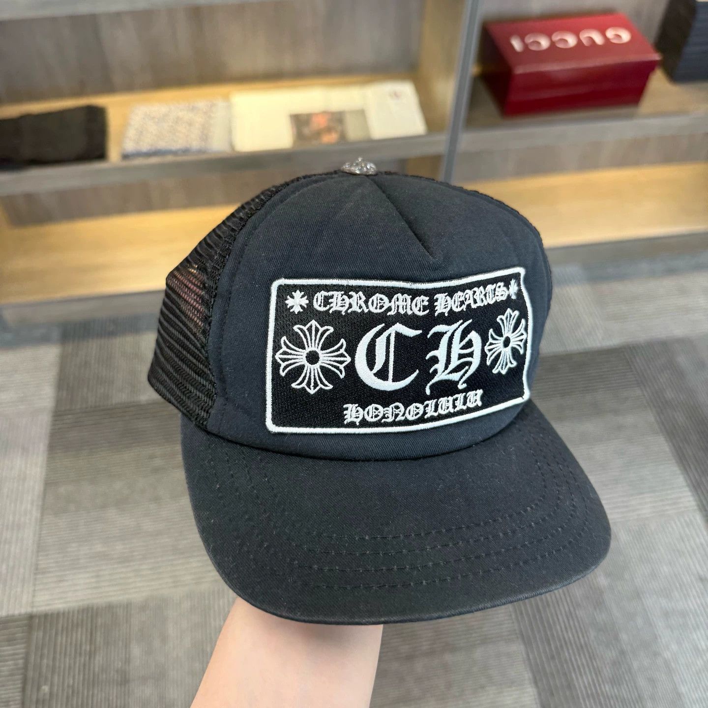Chrome Hearts Black Mesh Trucker Hat with Embroidered Patch Size ONE SIZE - 1 Thumbnail