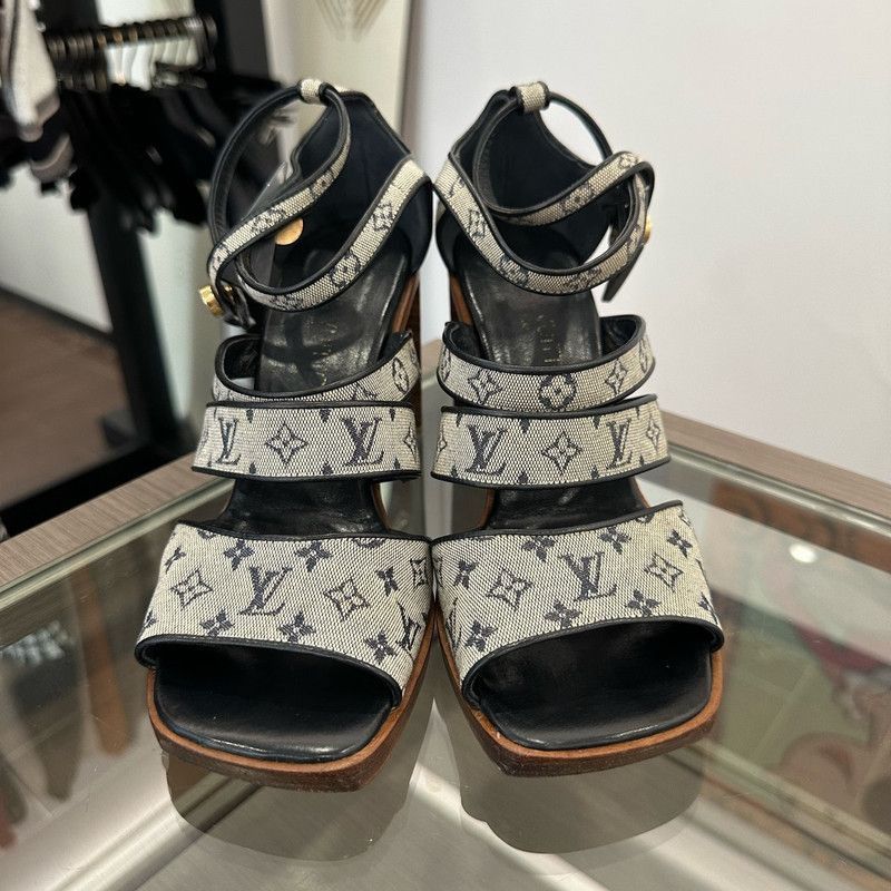 Louis Vuitton Louis Vuitton Classic Logo Denim High Heel Sandals -2508 Size US 7 / IT 37 - 2 Thumbnail