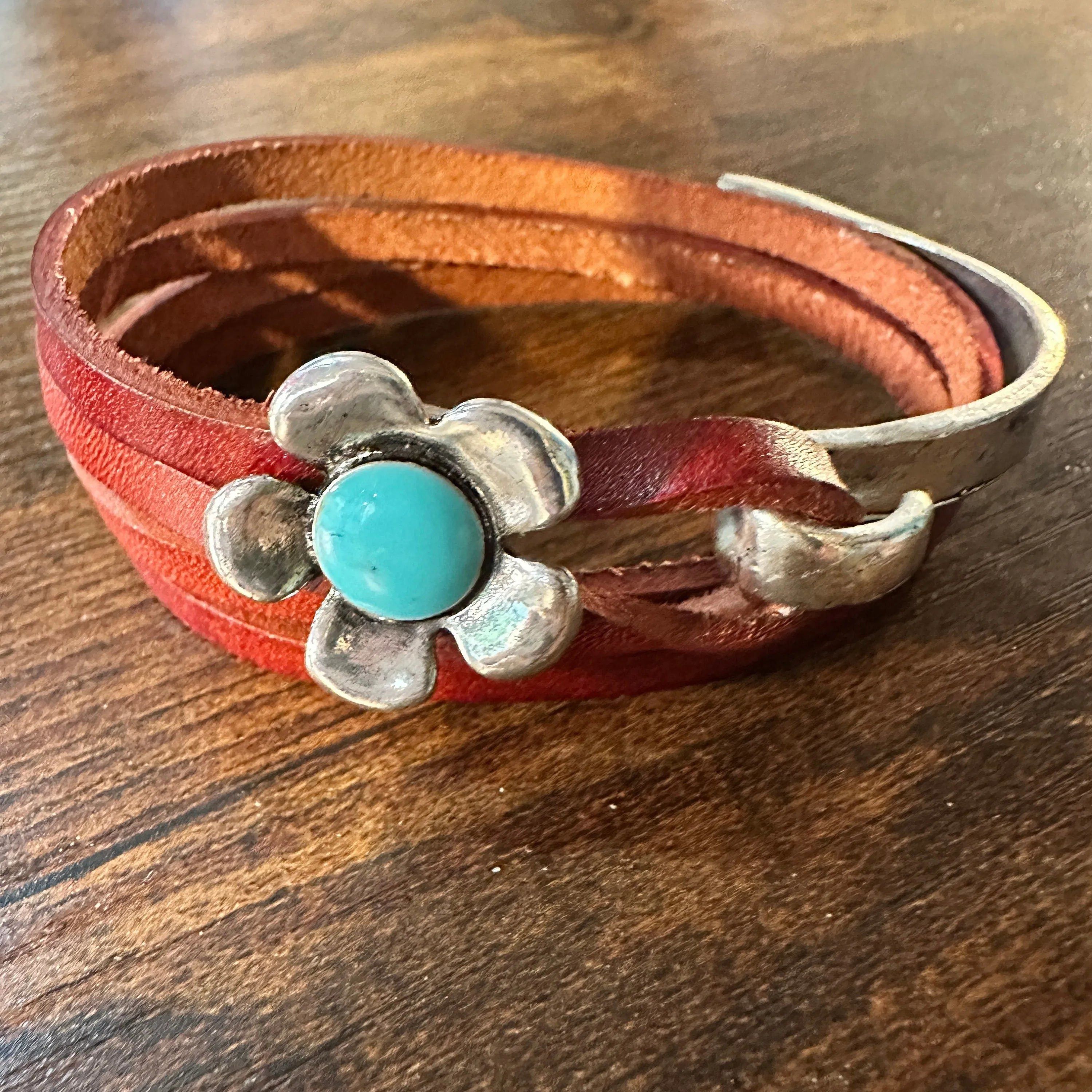 Other Brown Leather Flower Bracelet, Double Wrap, Boho Flower Leat Size ONE SIZE - 1 Thumbnail