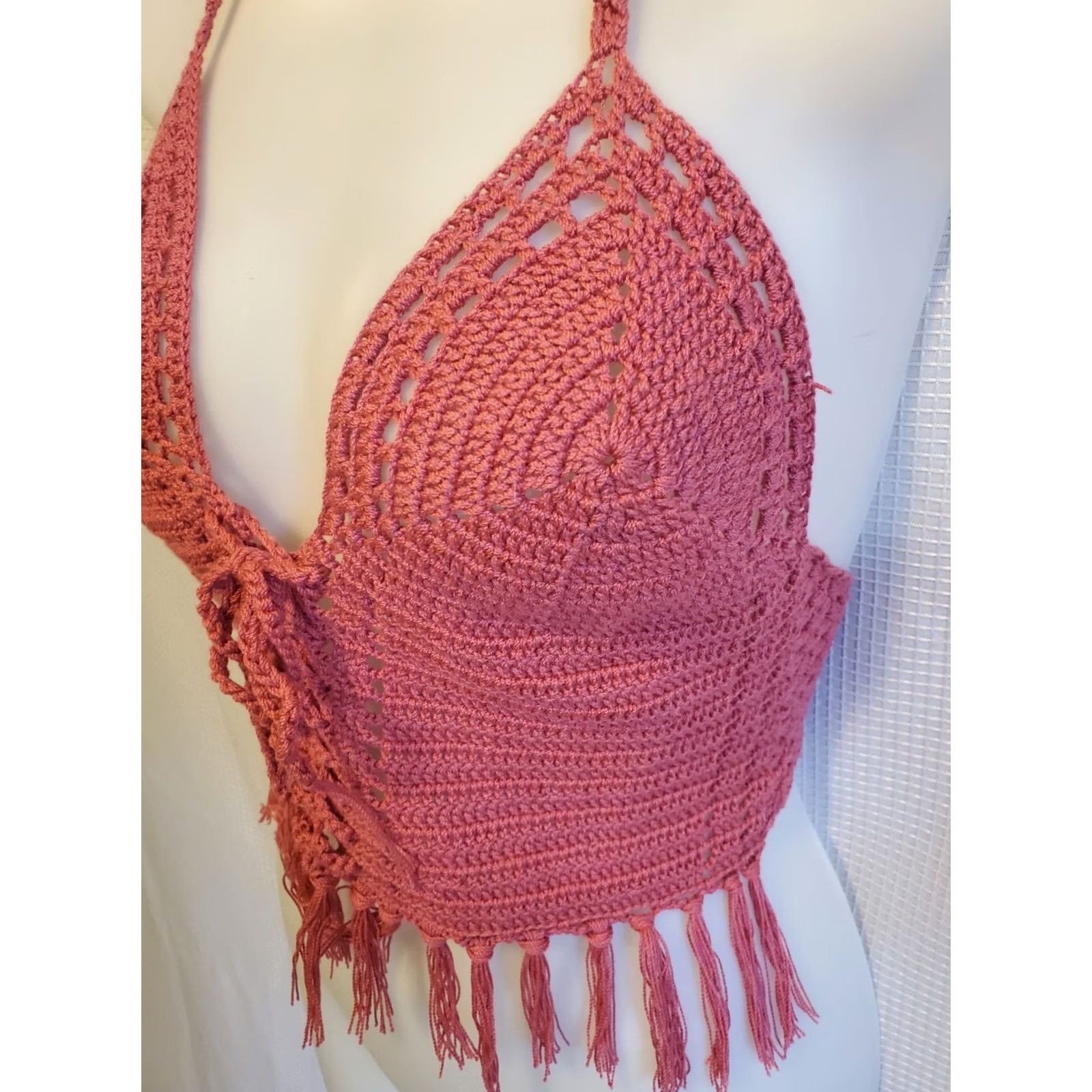 Pinko VINTAGE Pink Knit Crochet Halter Top Sz M Summer Festival Fairycore Whimsy Womens Size M / US 6-8 / IT 42-44 - 2 Thumbnail