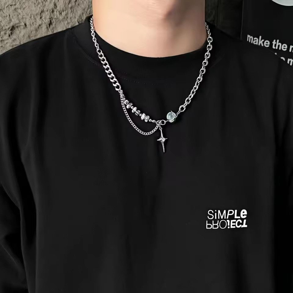 Japanese Brand Layered Star Cross Necklace Silver Chain Bead Goth Eboy Size ONE SIZE - 2 Thumbnail