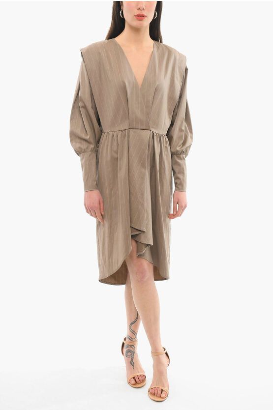 image of Iro Long Sleeved Pinstriped V Neck Dress in Beige, Women's (Size Small)