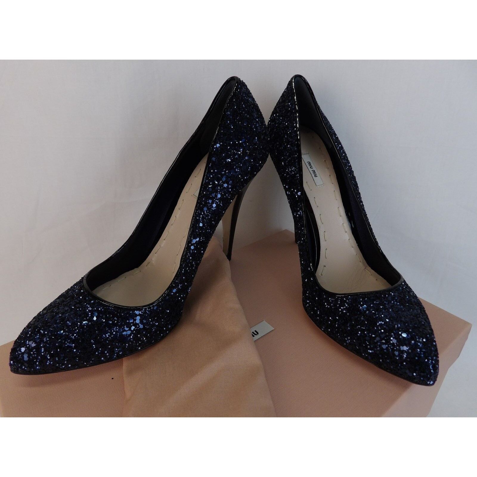 Miu Miu DARK NAVY GLITTER BLACK PATENT LEATHER HEEL PUMPS 40.5 ITALY Size US 10.5 / IT 40.5 - 8 Thumbnail