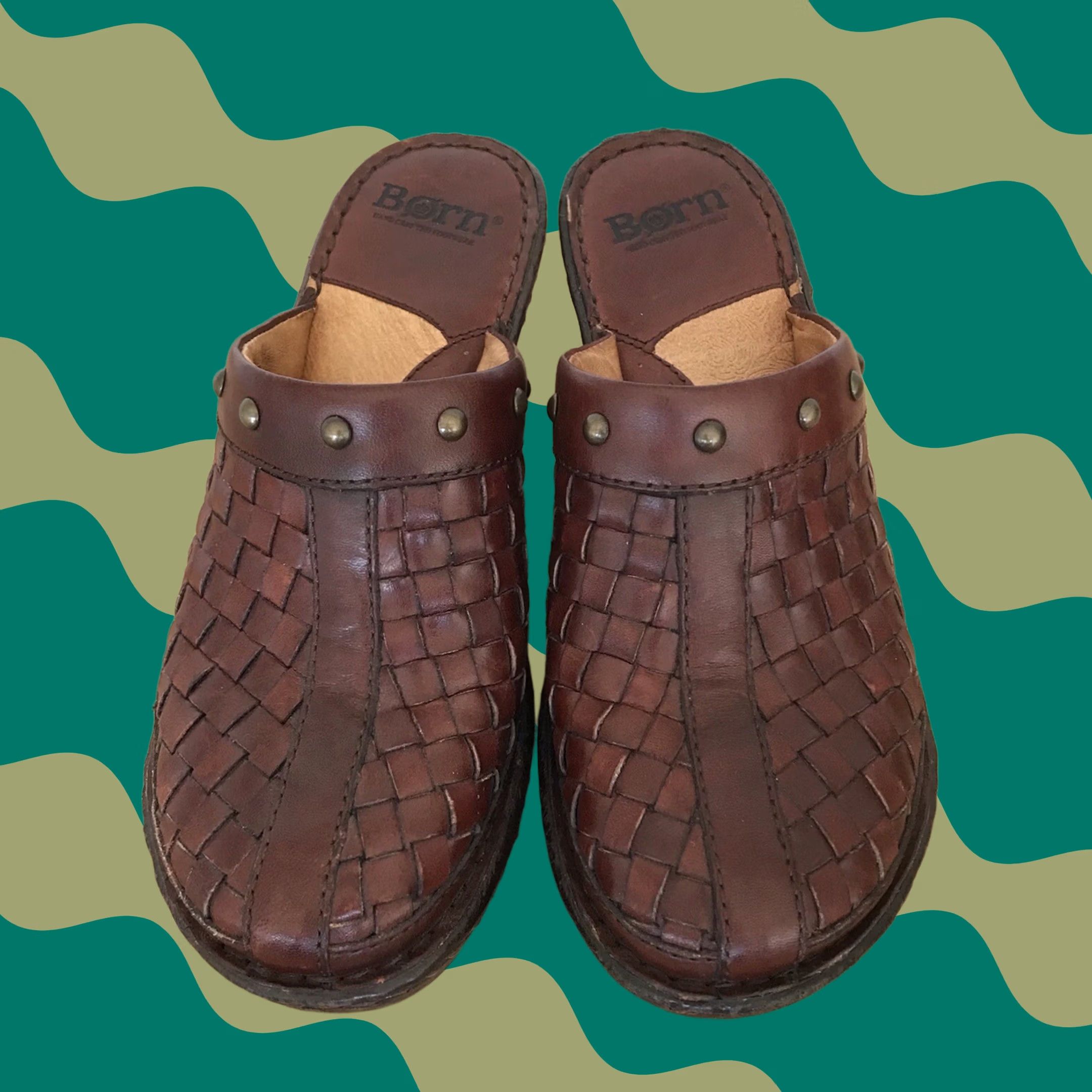 Born Børn Brown Leather Woven Studded Wedge Slip-On Comfort Heels Mules Clogs Shoes 6 M Womens Shoes Size US 6 / IT 36 - 1 Thumbnail