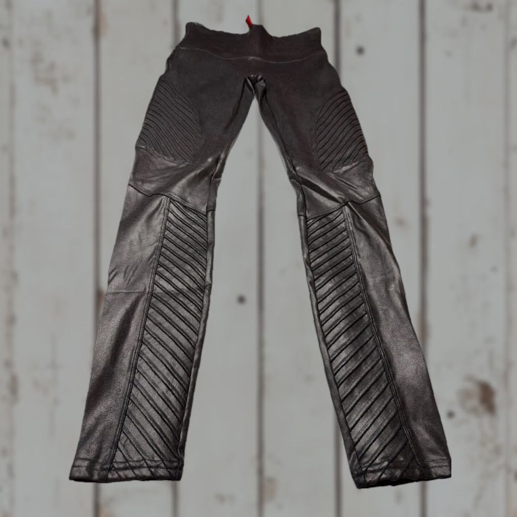 Spanx Spanx Black Faux Leather Moto High Rise Womens Leggings Pants Size Medium Ribbed Accents Size 32" / US 10 / IT 46 - 1 Thumbnail