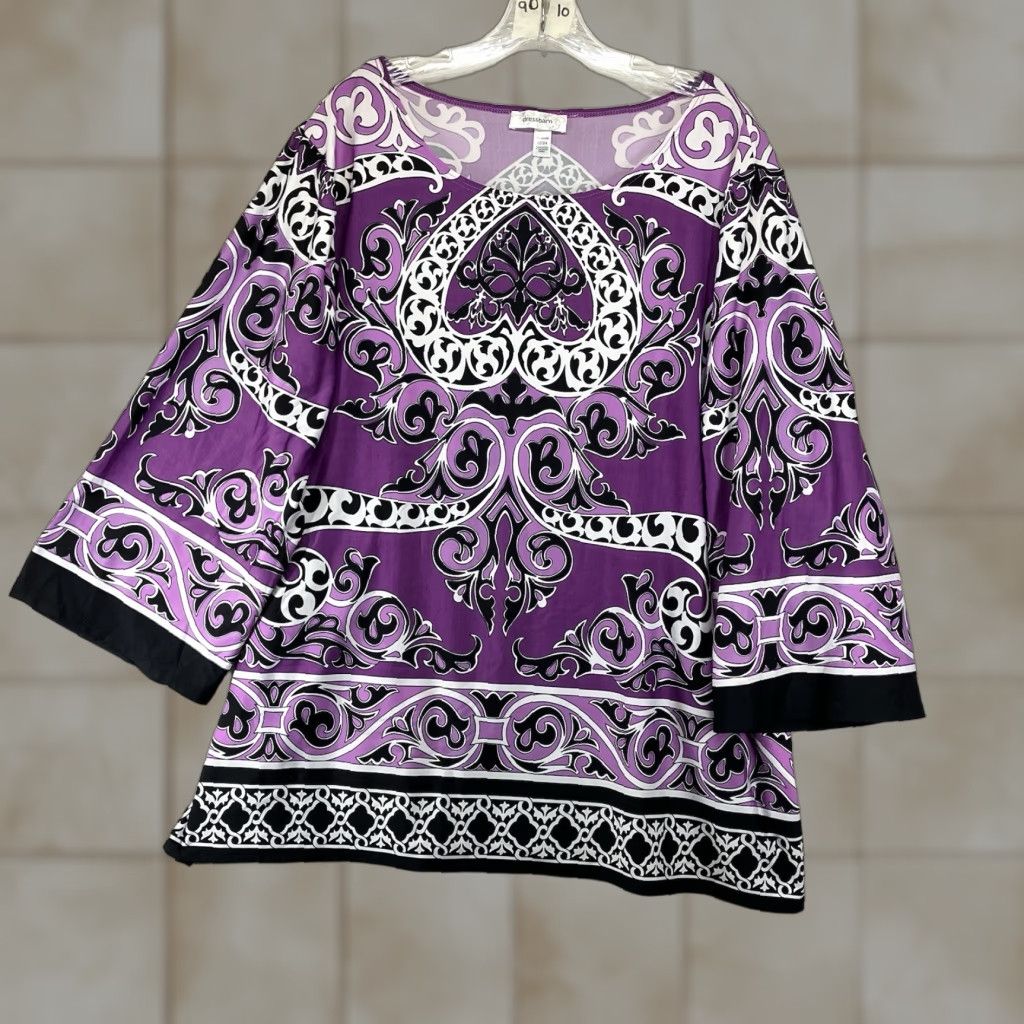 Vintage Dressbarn Purple Blouse Women's Top 22/24 3/4 Sleeve Round Neck Geometric Print Lightweight Stretch Casual Vintage 70s 90s Hippe Retro Size 3XL / US 20-22 - 1 Thumbnail