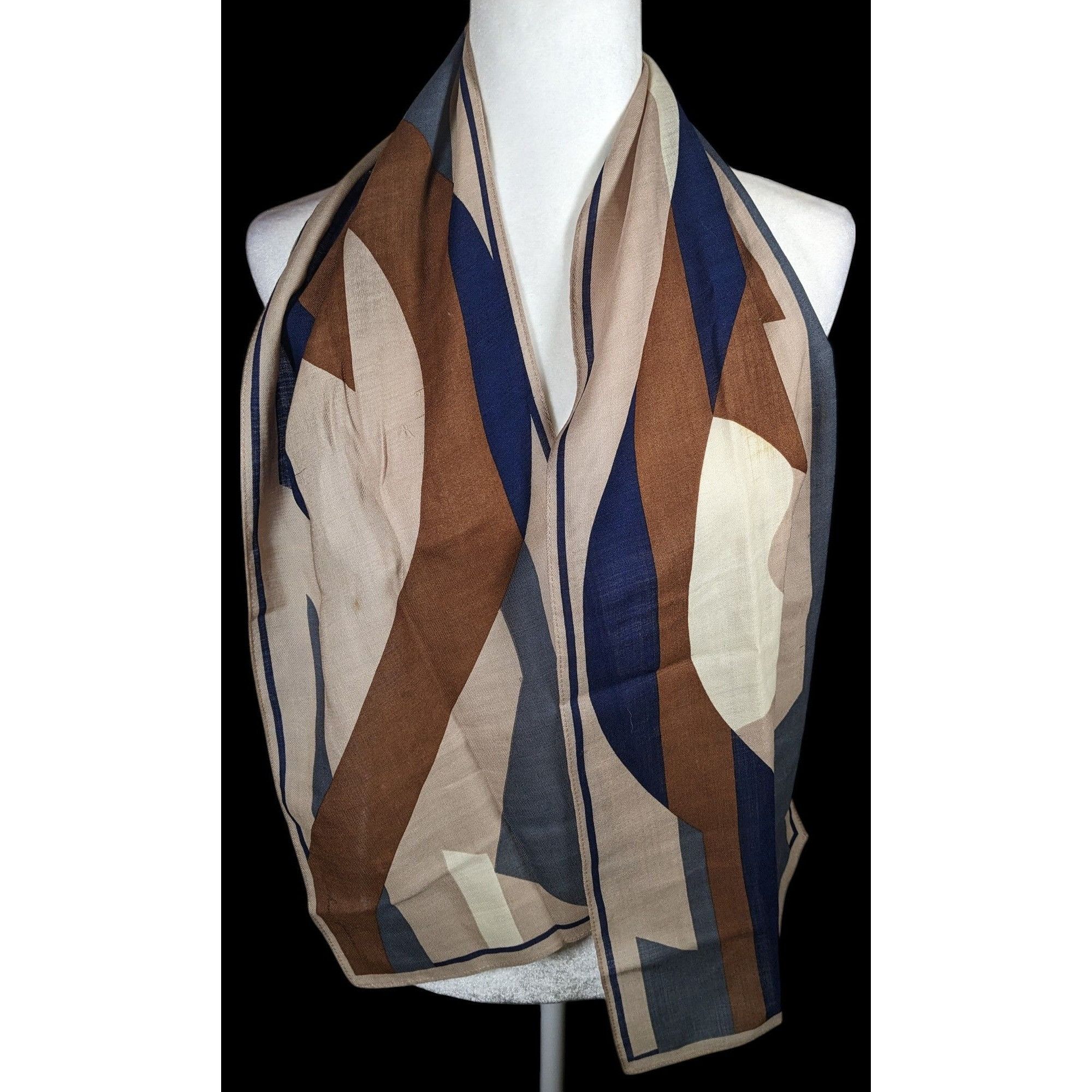 Other Vintage 70s Brown And Blue Abstract Geometric Scarf Size ONE SIZE - 3 Thumbnail