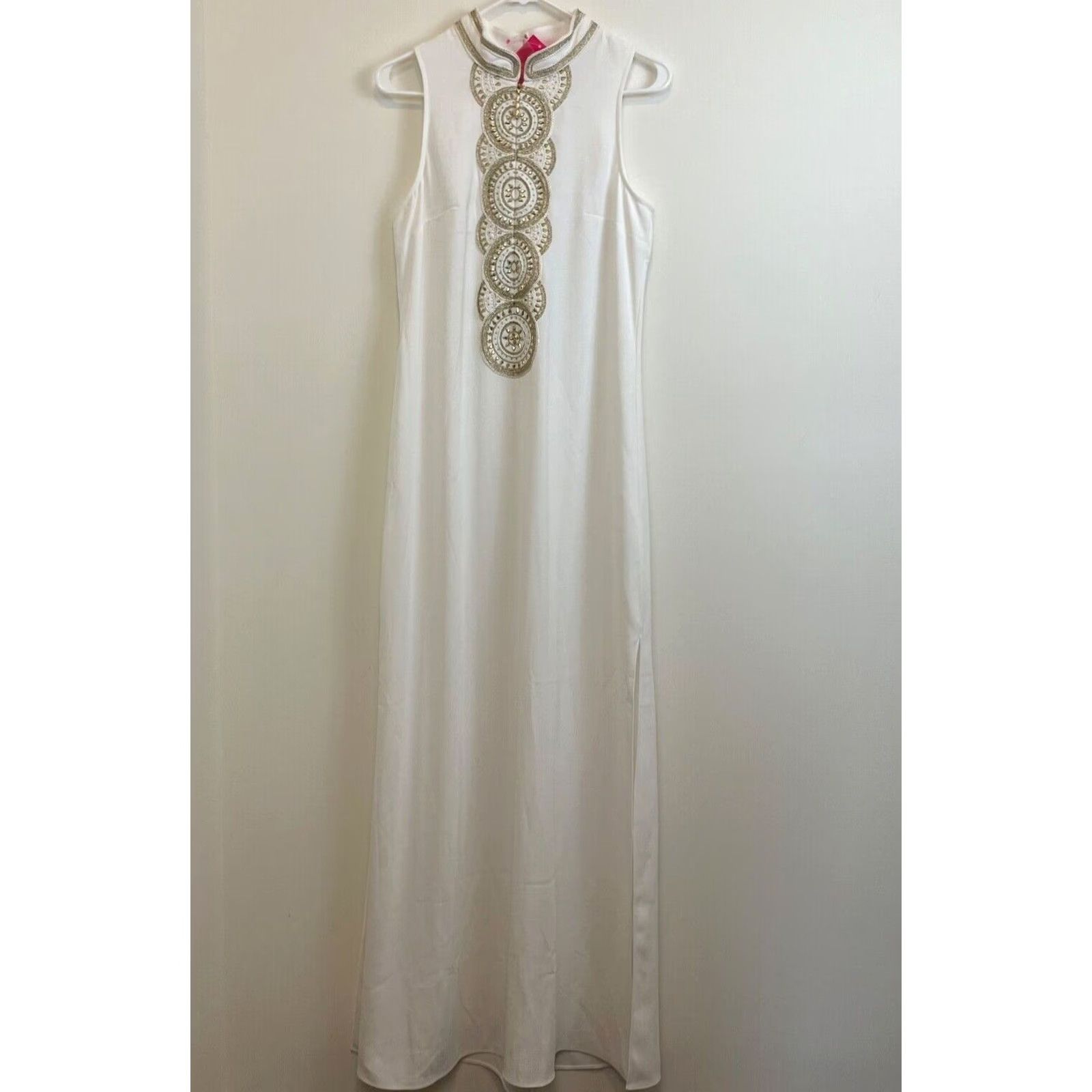 Lilly Pulitzer Lilly Pulitzer Womens Size 4 Jane Maxi Resort White Gold Neck Embellished Dress Size S / US 4 / IT 40 - 3 Thumbnail