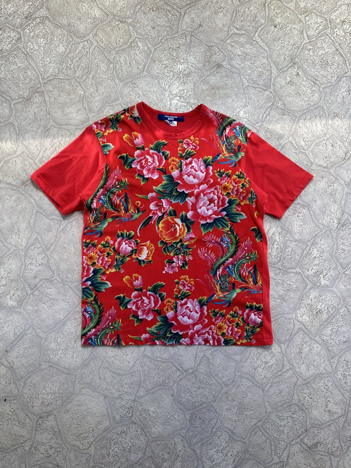 image of Vintage Junya Wantanabe Issey Miyake Floral Decorative Tee in Red, Men's (Size Medium)