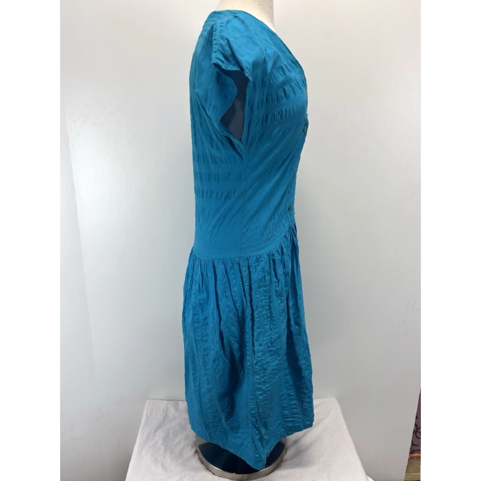 Doublet Vtg Alicia Drop Waist Dress Juniors 7/8 Blue Double Breasted Midi Pockets 80s Womens Size M / US 6-8 / IT 42-44 - 4 Thumbnail