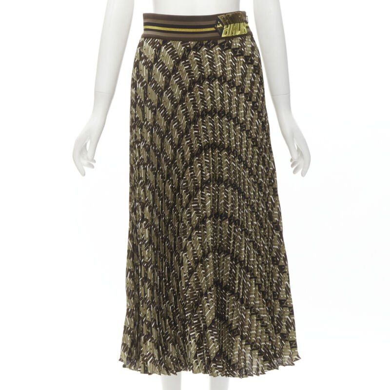 Fendi FENDI Roma Amor brown gold graphic print pleated plisse silk skirt IT42 M Size 28" / US 6 / IT 42 - 1 Thumbnail