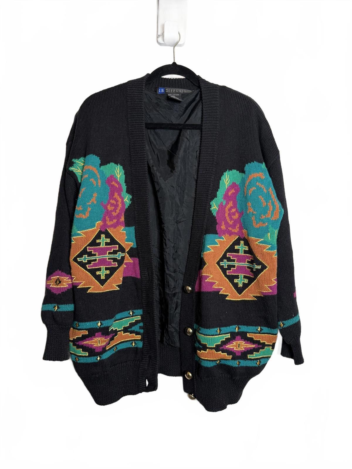 Unknown London Vintage Aztec Tribal Print Oversize Black Cardigan Size S / US 4 / IT 40 - 1 Thumbnail