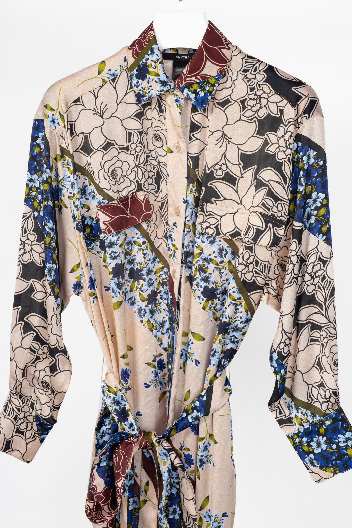 SMYTHE Smythe Multi Scarf Floral Print Belted Satin Shirt Dress Size XS / US 0-2 / IT 36-38 - 3 Thumbnail