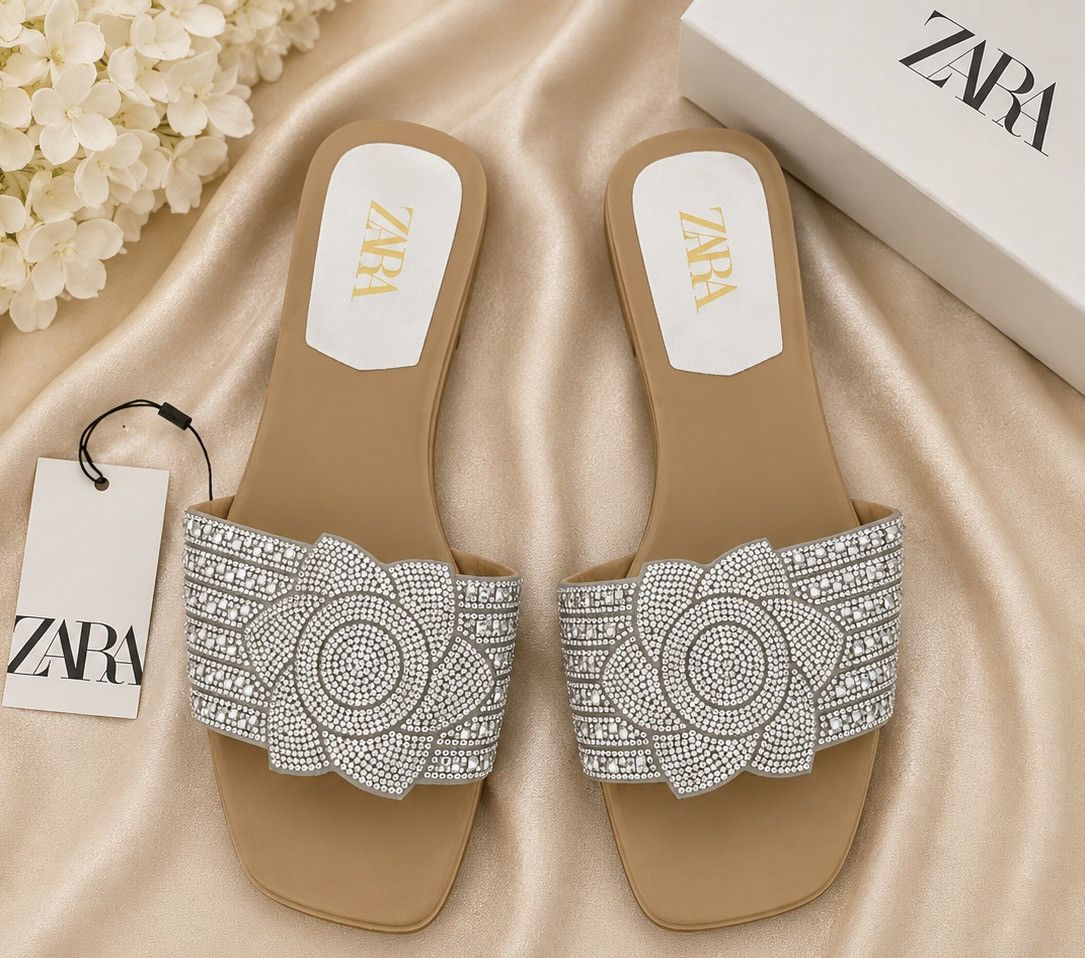 Zara Silver Rhinestone Flower Slide Sandals for Women Size US 7.5 / IT 37.5 - 1 Thumbnail