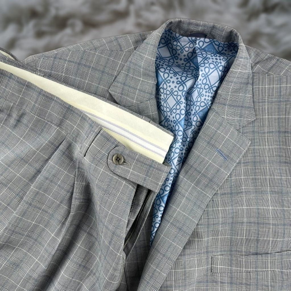NEW Tom James x Holland & Sherry Gray Windowpane Plaid Suit 50 S 50x26
