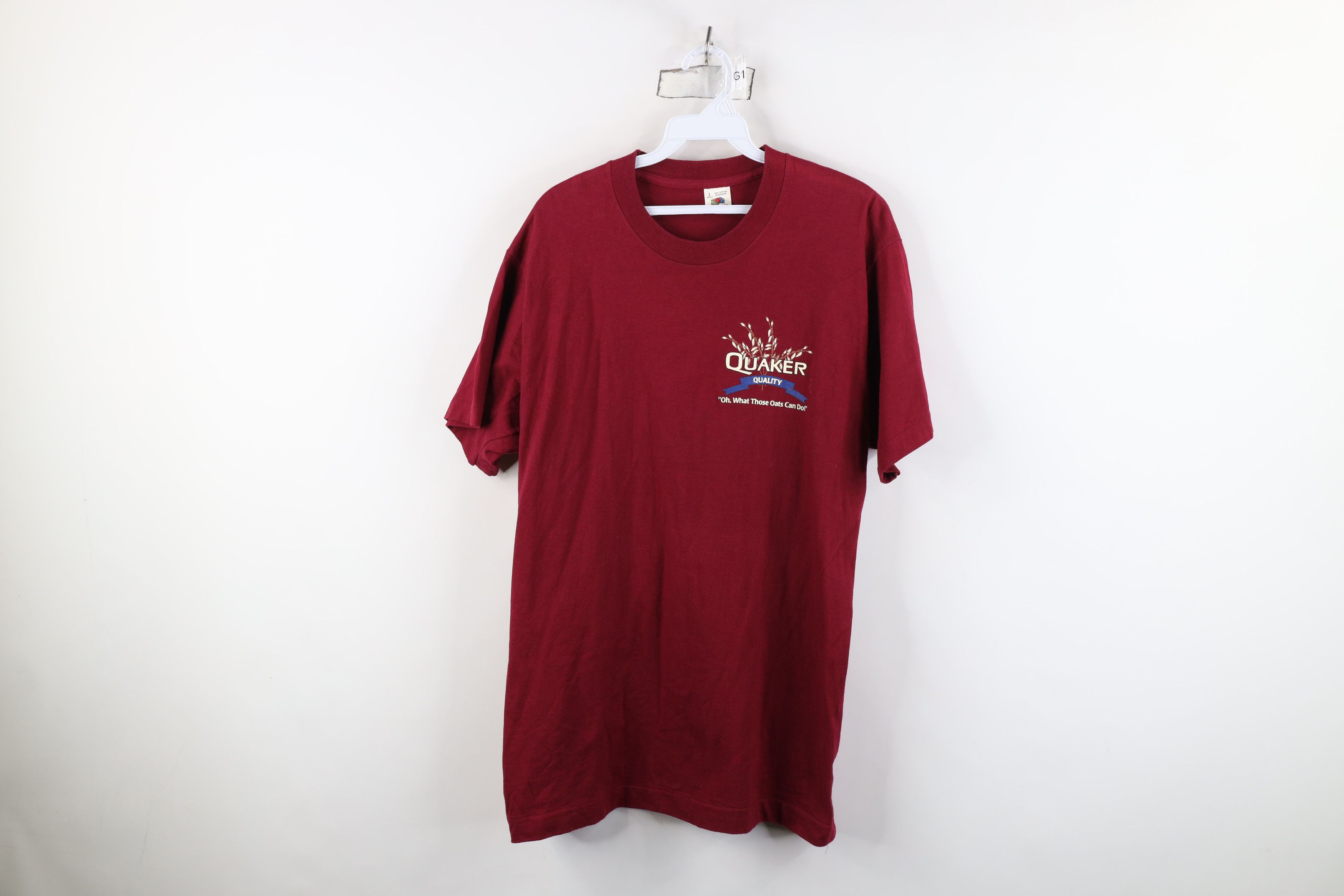 Vintage Vintage 90s Quaker Oatmeal Oats T-Shirt Burgundy Cotton USA Size US L / EU 52-54 / 3 - 1 Thumbnail